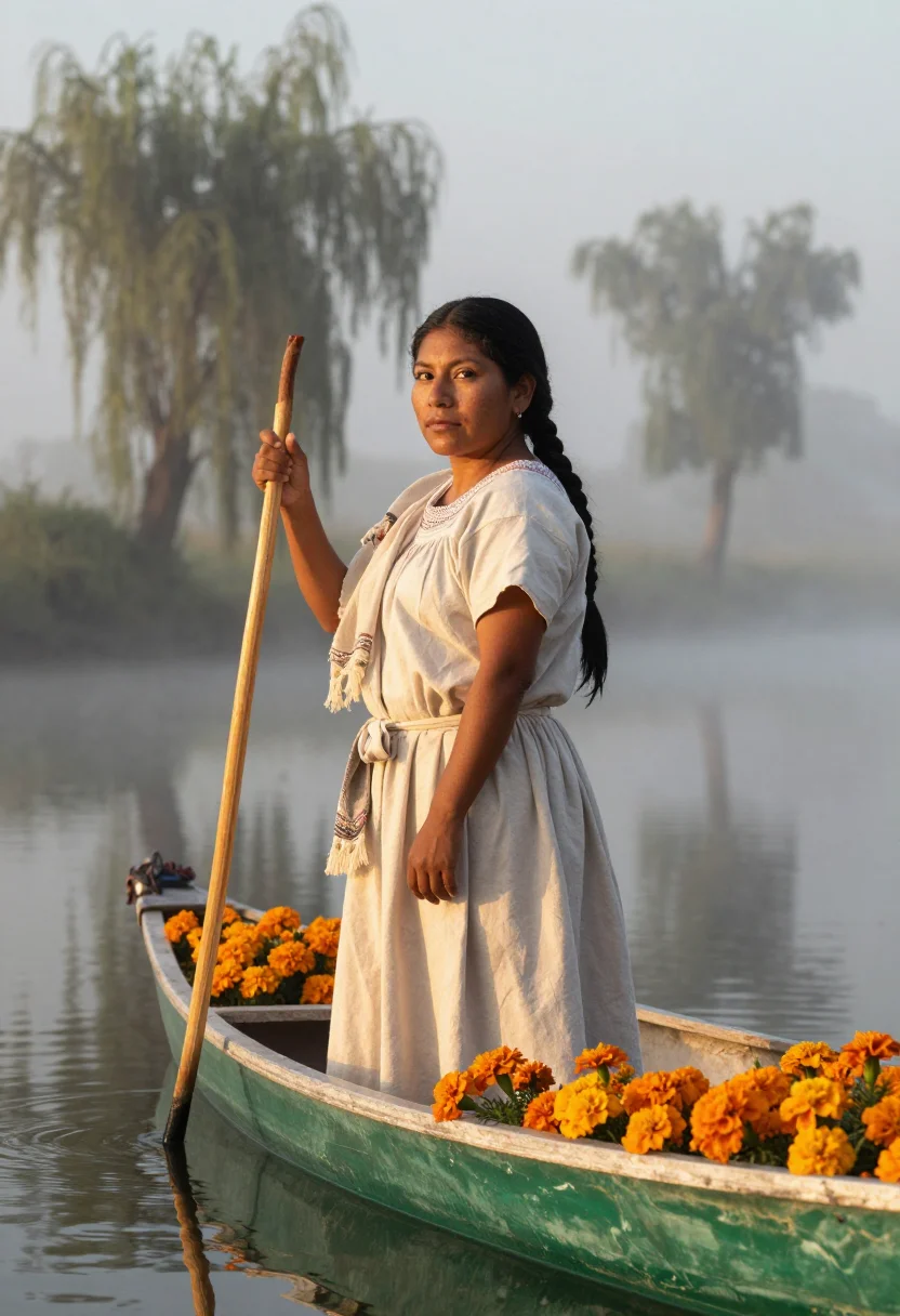 AI chinampa dawn sample — portrait of a woman, chest-up portrait of a Nahua woman with