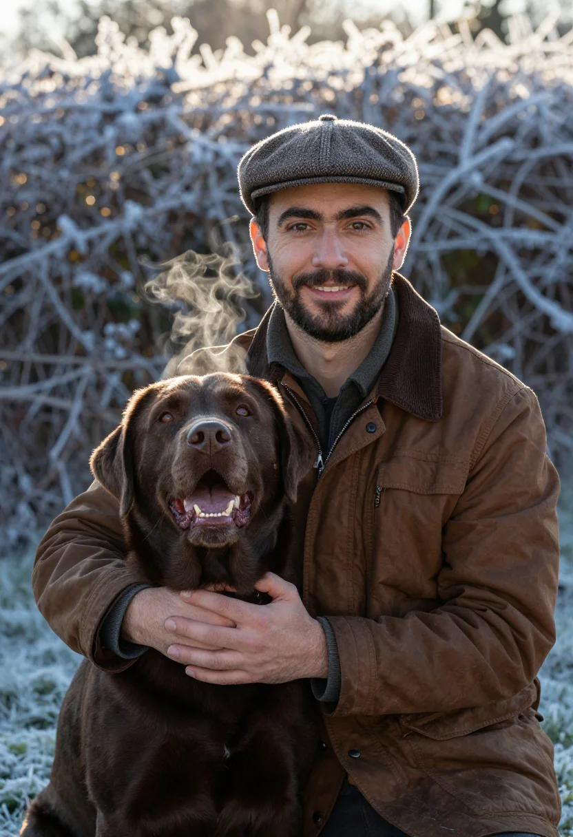 AI chocolate lab brown sample — portrait of a man, chest-up three-quarter portrait of a Medi