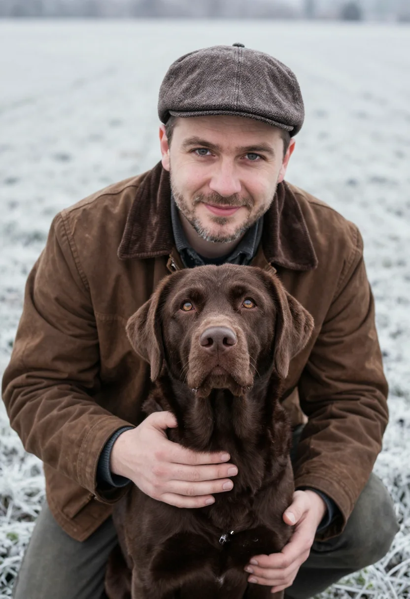 AI chocolate lab brown sample — portrait of a man, chest-up portrait of a Western-European m