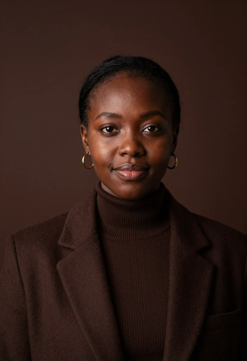 AI chocolate rollneck headshot sample — portrait of a woman, head-and-shoulders portrait of an Ethio