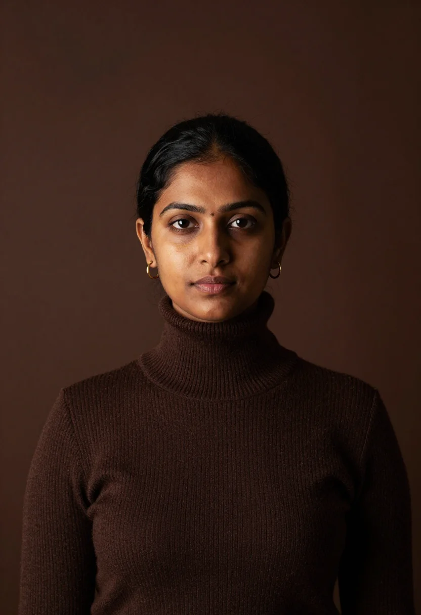 AI chocolate rollneck headshot sample — portrait of a woman, chest-up portrait of a South-Asian woma