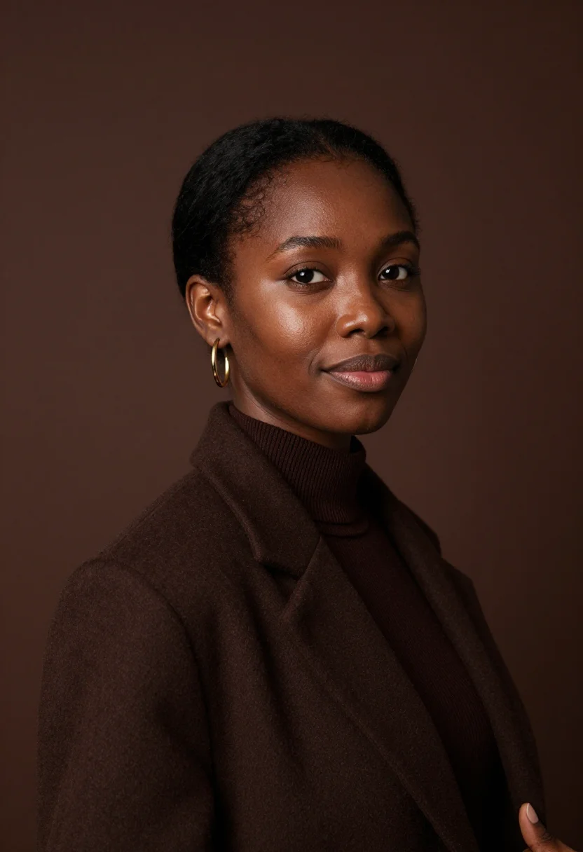 AI chocolate rollneck headshot sample — portrait of a woman, head-and-shoulders portrait of an Afro-