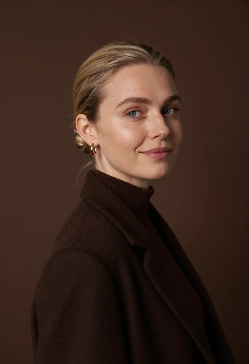 AI chocolate rollneck headshot sample — portrait of a woman, close headshot portrait of a Nordic wom
