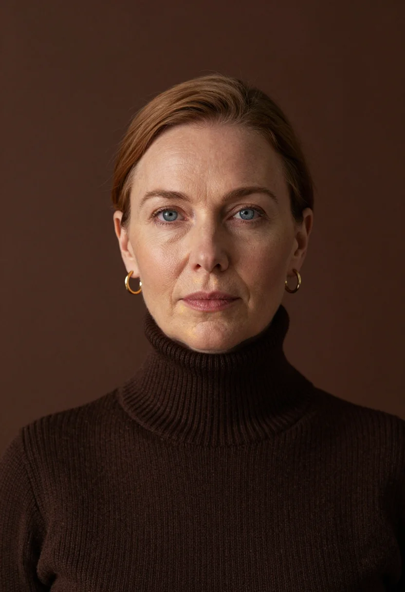 AI chocolate rollneck headshot sample — portrait of a woman, tight headshot portrait of a Western-Eu