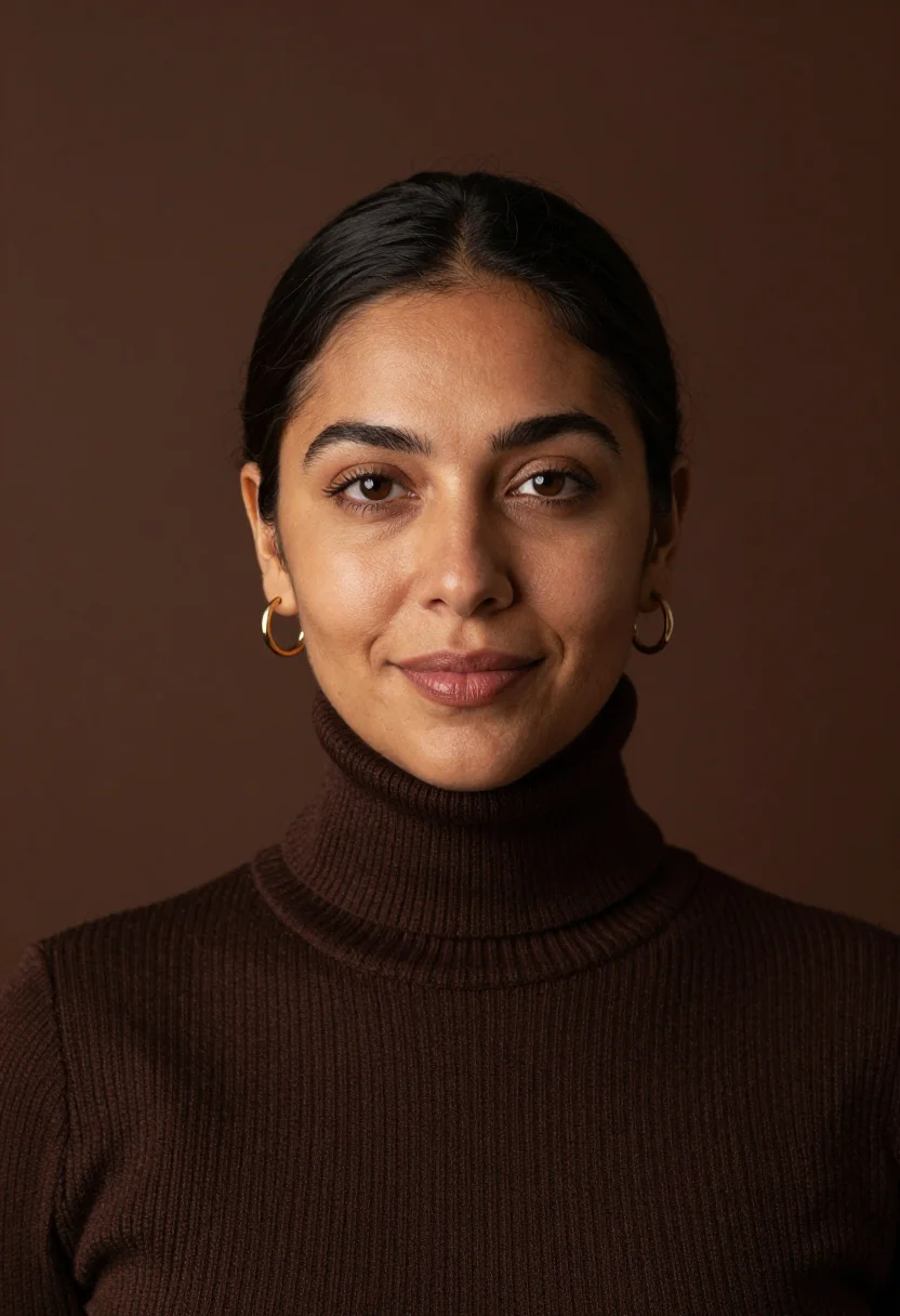 AI chocolate rollneck headshot sample — portrait of a woman, very tight headshot portrait of a Latin