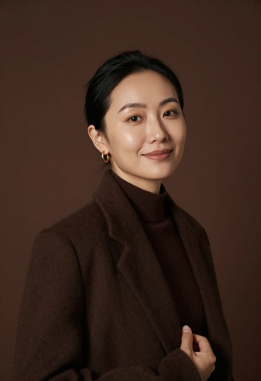 AI chocolate rollneck headshot sample — portrait of a woman, chest-up portrait of an East-Asian woma