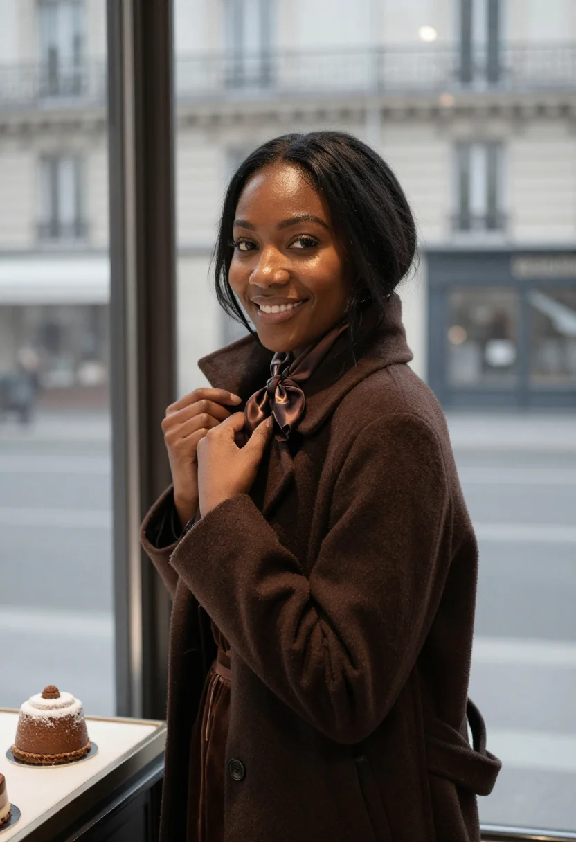 AI chocolate room paris december sample — portrait of a woman, framed chest-up, a Haitian French woman
