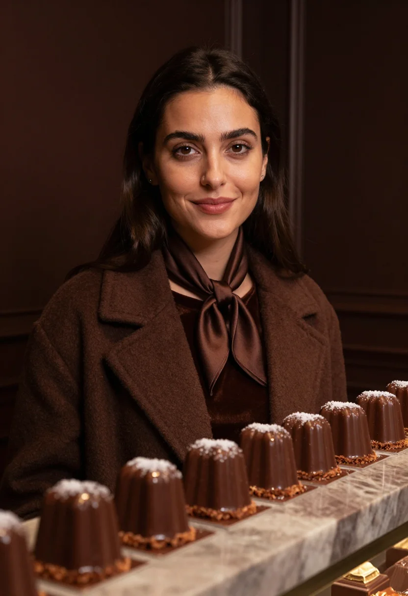 AI chocolate room paris december sample — portrait of a woman, framed tight, head and shoulders, a Por