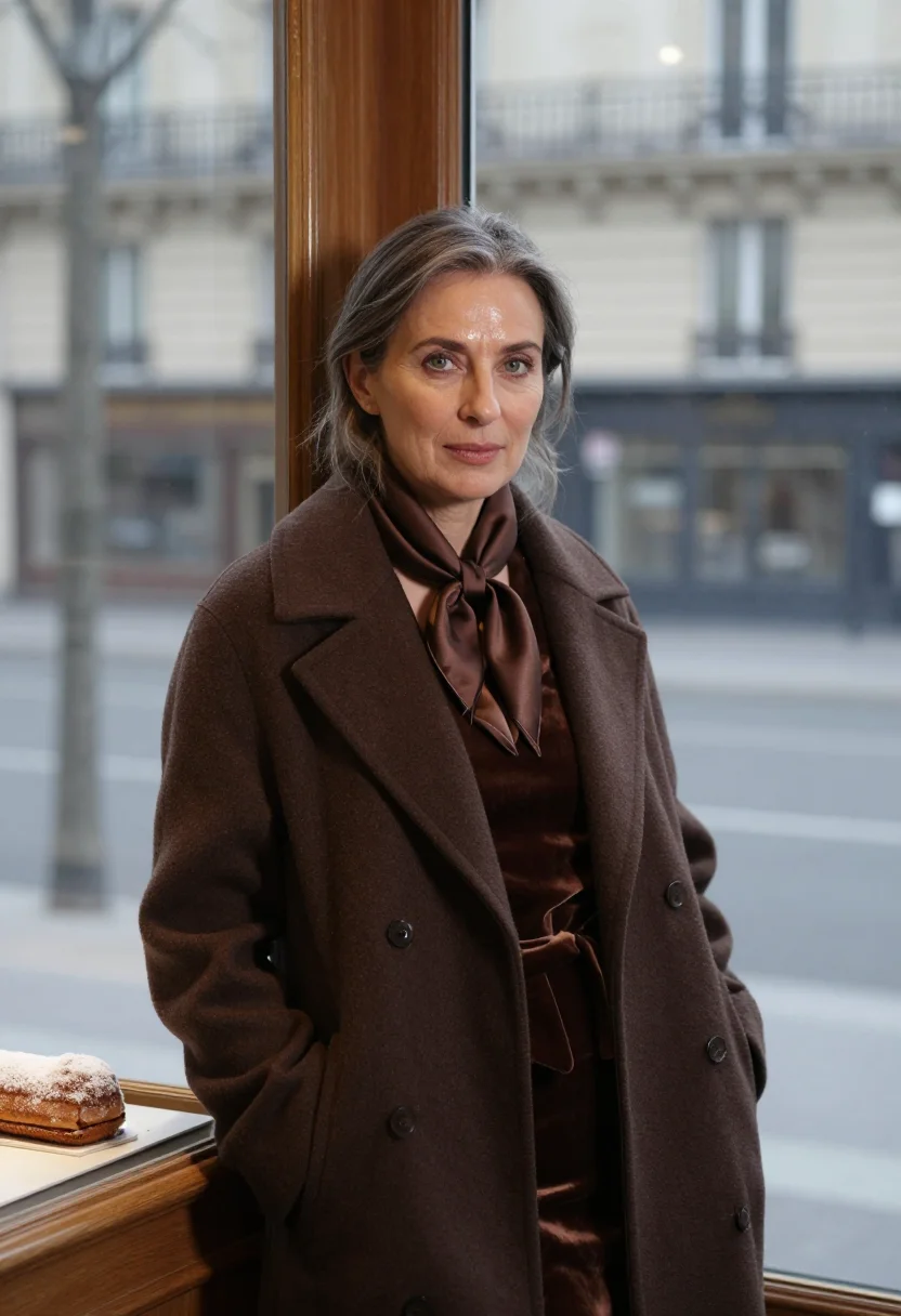AI chocolate room paris december sample — portrait of a woman, framed half-length, a woman in her fift