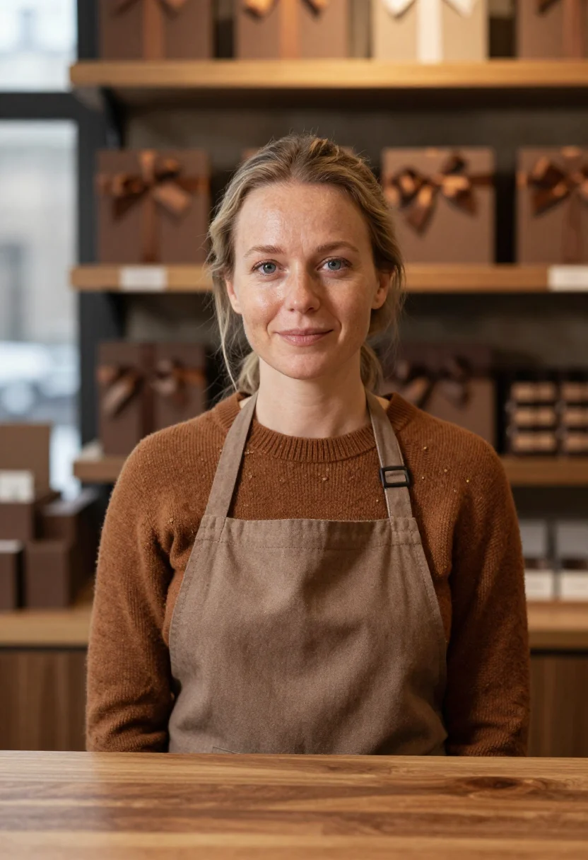 AI chocolatier cocoa sample — portrait of a woman, framed tight on the head, the body clos