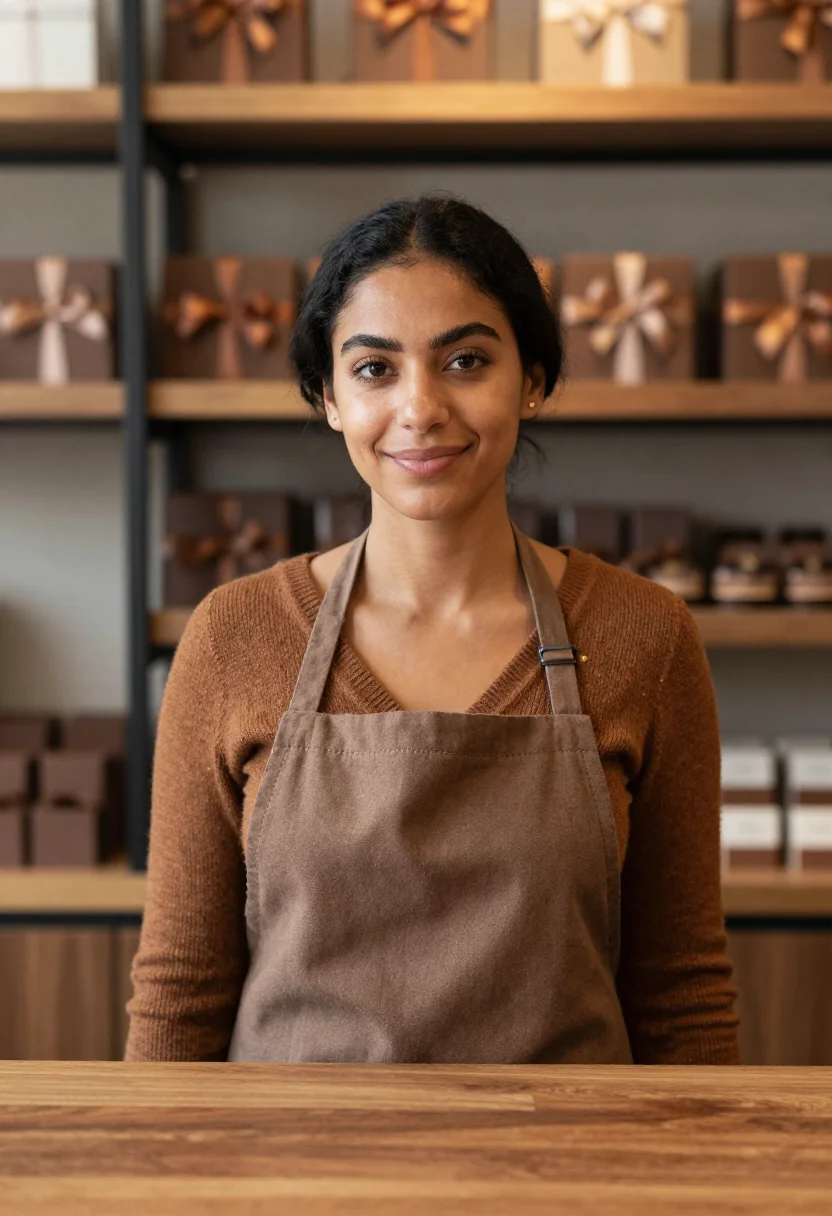 AI chocolatier cocoa sample — portrait of a woman, framed head and shoulders, tighter, the