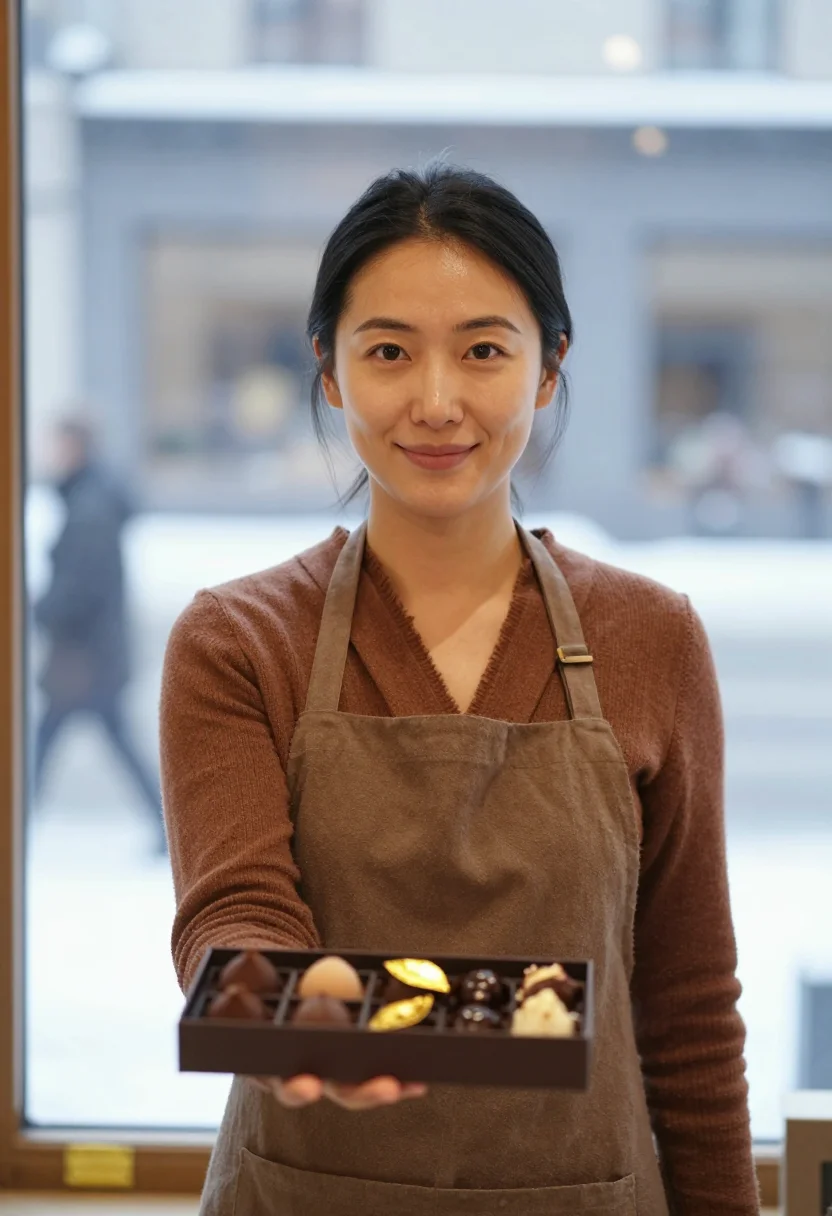 AI chocolatier cocoa sample — portrait of a woman, framed chest-up from the ribs with the
