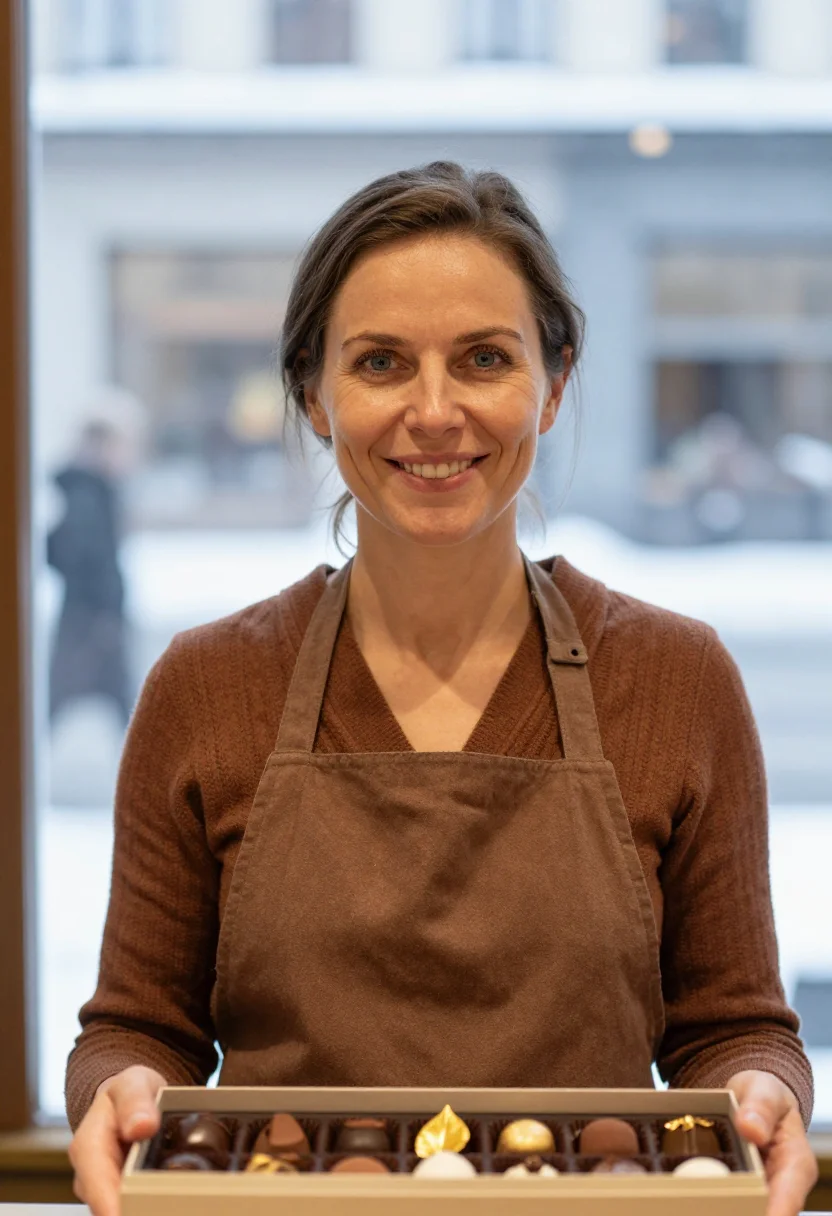 AI chocolatier cocoa sample — portrait of a woman, framed head and shoulders, tighter, the