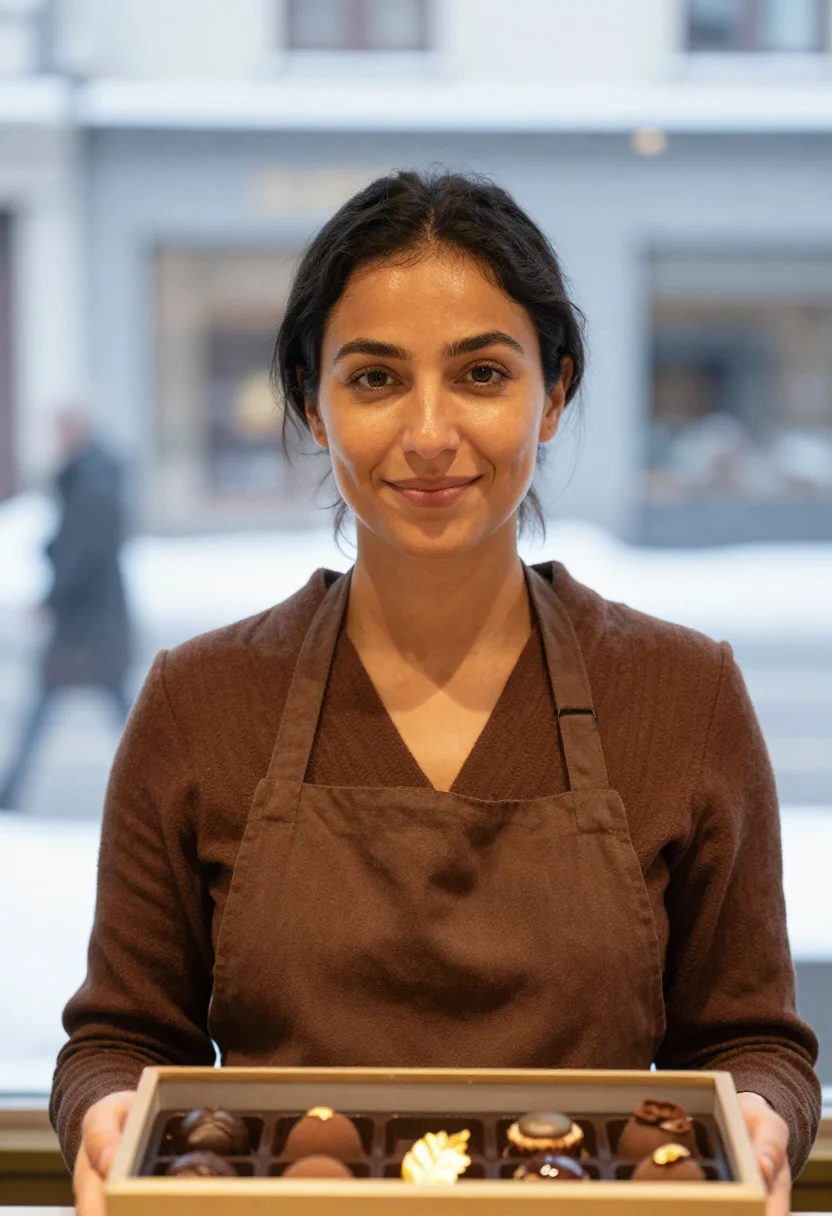 AI chocolatier cocoa sample — portrait of a woman, framed tight on the head, the body clos