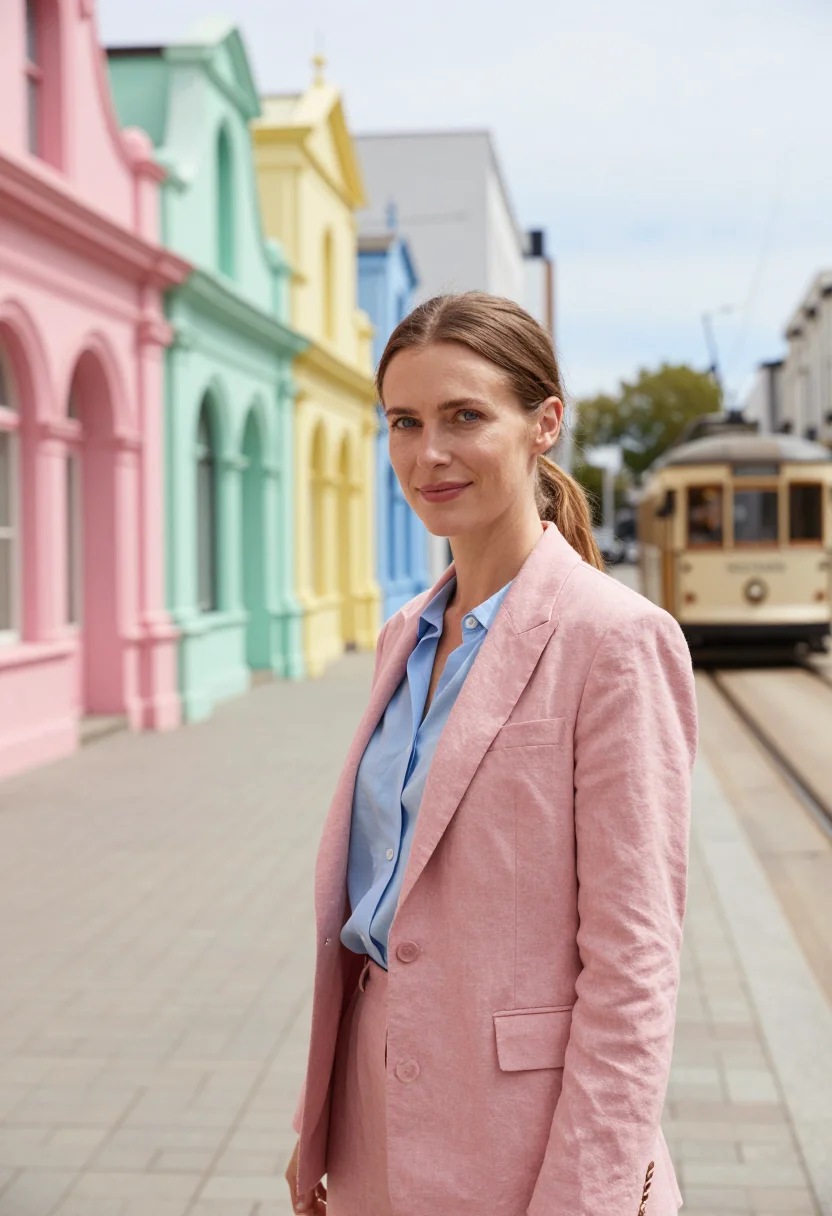 AI christchurch architect new regent pastel palette sample — portrait of a woman, an architect in her mid-thirties with f