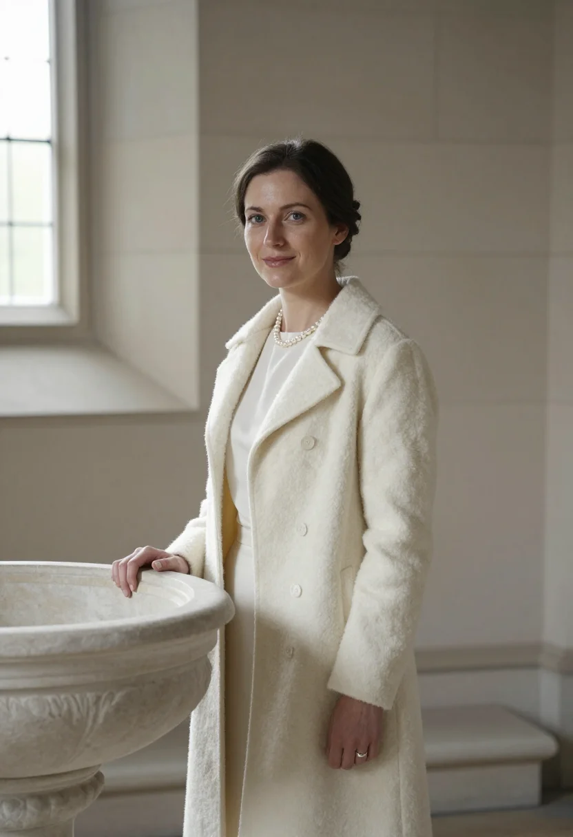 AI christening november ivory sample — portrait of a woman, framed chest-up, the crop falling at mi
