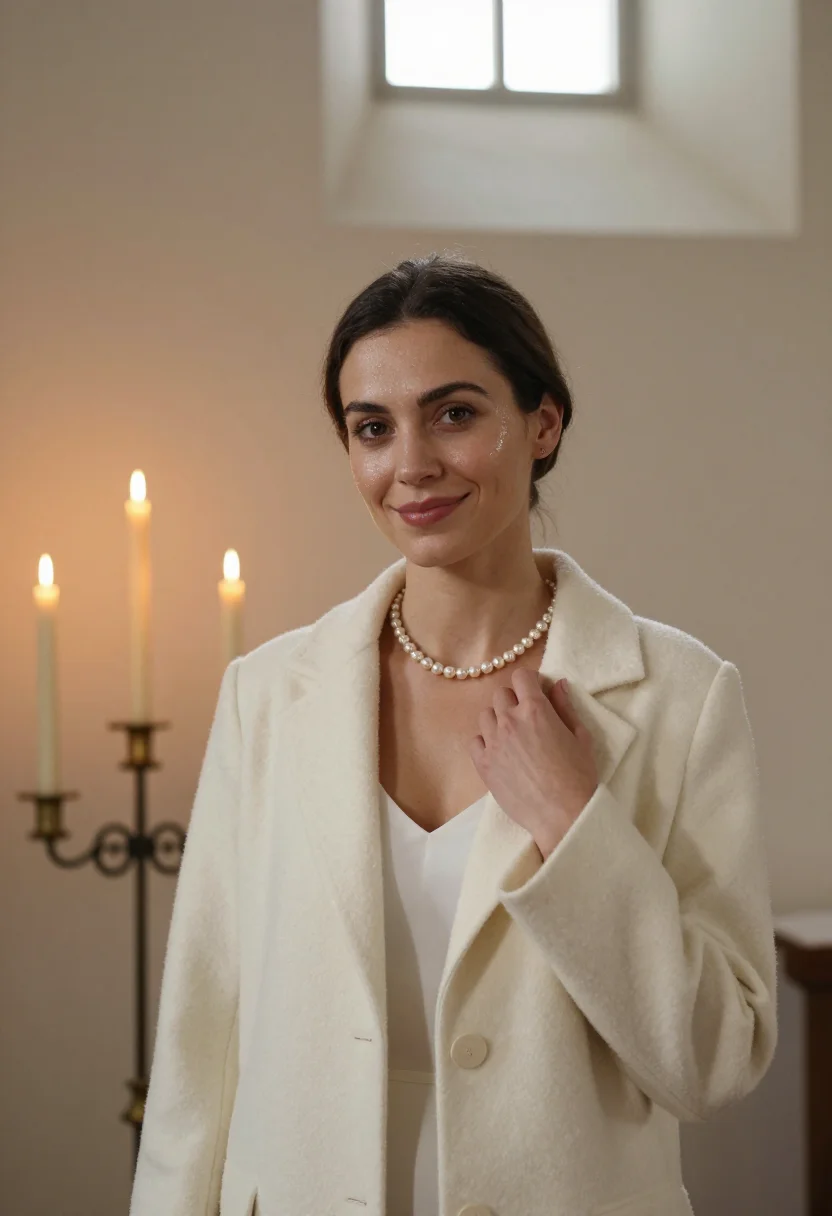 AI christening november ivory sample — portrait of a woman, framed chest-up, the crop falling at mi