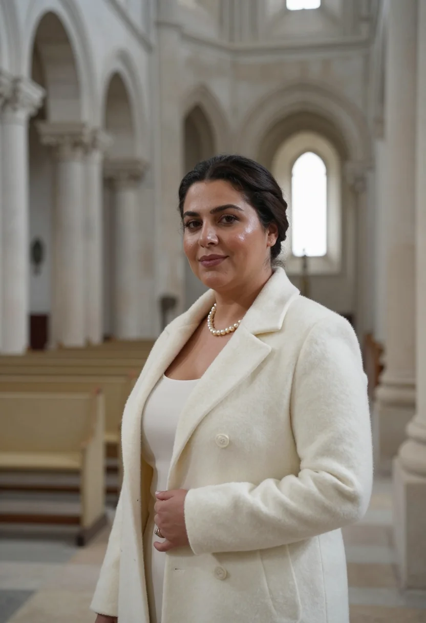 AI christening november ivory sample — portrait of a woman, framed chest-up, the crop falling at mi