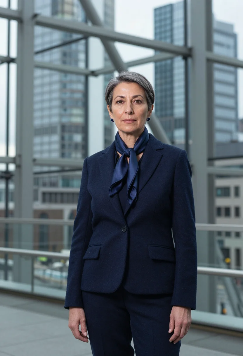 AI christine lagarde frankfurt ecb scarf navy sample — portrait of a woman, an Italian woman in her late fifties wi