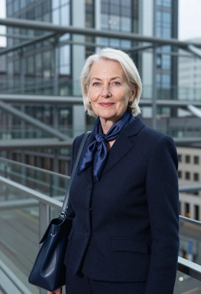 AI christine lagarde frankfurt ecb scarf navy sample — portrait of a woman, a Dutch woman in her early fifties with