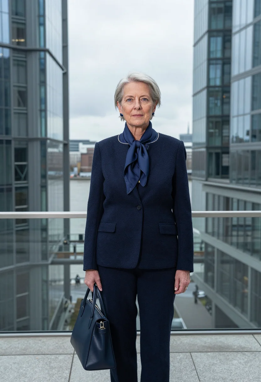 AI christine lagarde frankfurt ecb scarf navy sample — portrait of a woman, a Danish woman in her mid-sixties with