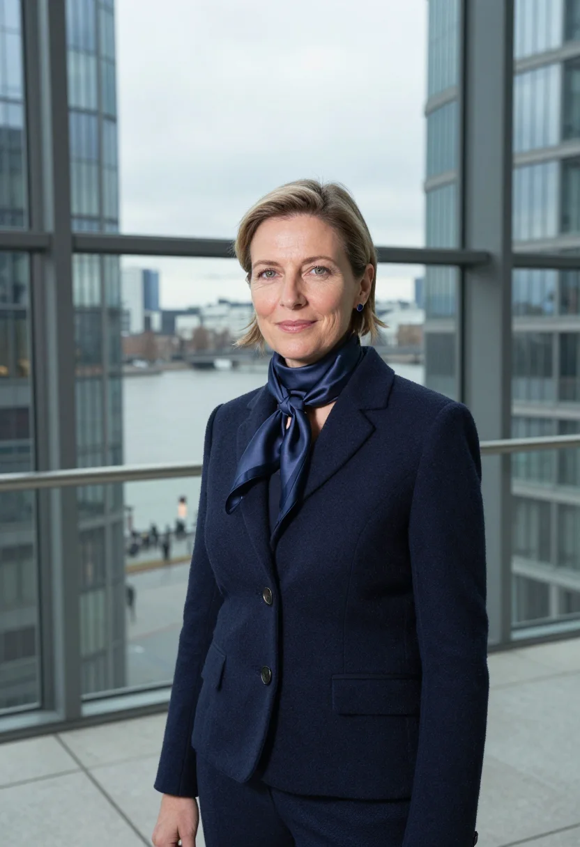 AI christine lagarde frankfurt ecb scarf navy sample — portrait of a woman, an Austrian woman in her early fifties
