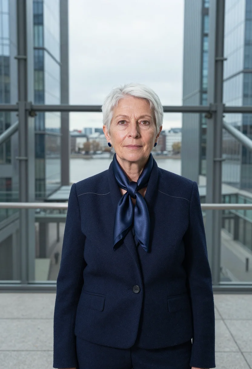 AI christine lagarde frankfurt ecb scarf navy sample — portrait of a woman, a Belgian woman in her late fifties wit