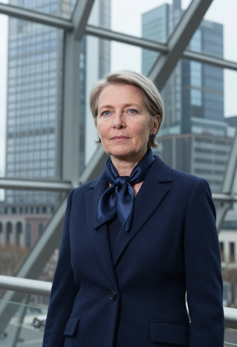 AI christine lagarde frankfurt ecb scarf navy sample — portrait of a woman, a German woman in her mid-fifties with
