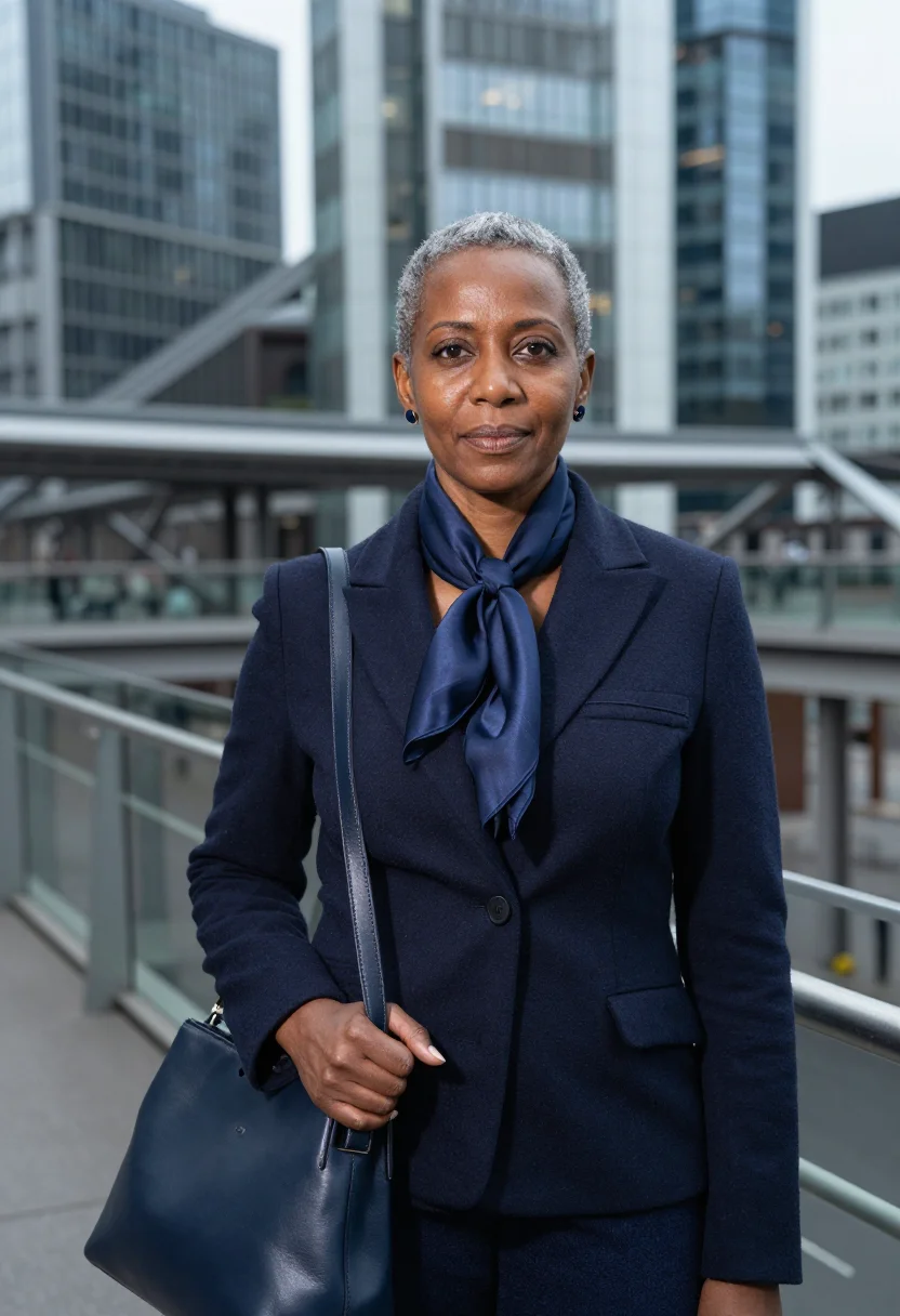 AI christine lagarde frankfurt ecb scarf navy sample — portrait of a woman, a British-Nigerian woman in her mid-fif