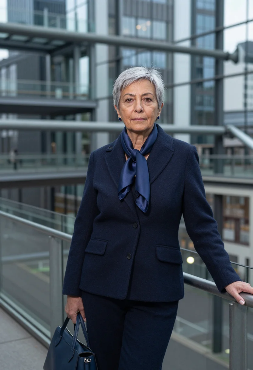 AI christine lagarde frankfurt ecb scarf navy sample — portrait of a woman, a Spanish woman in her early sixties wi