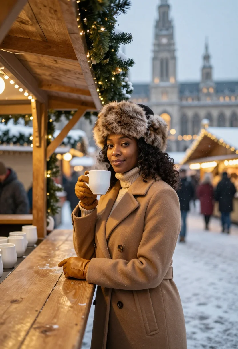 AI christmas in vienna sample — portrait of a woman, waist-up portrait of a Black Austrian w