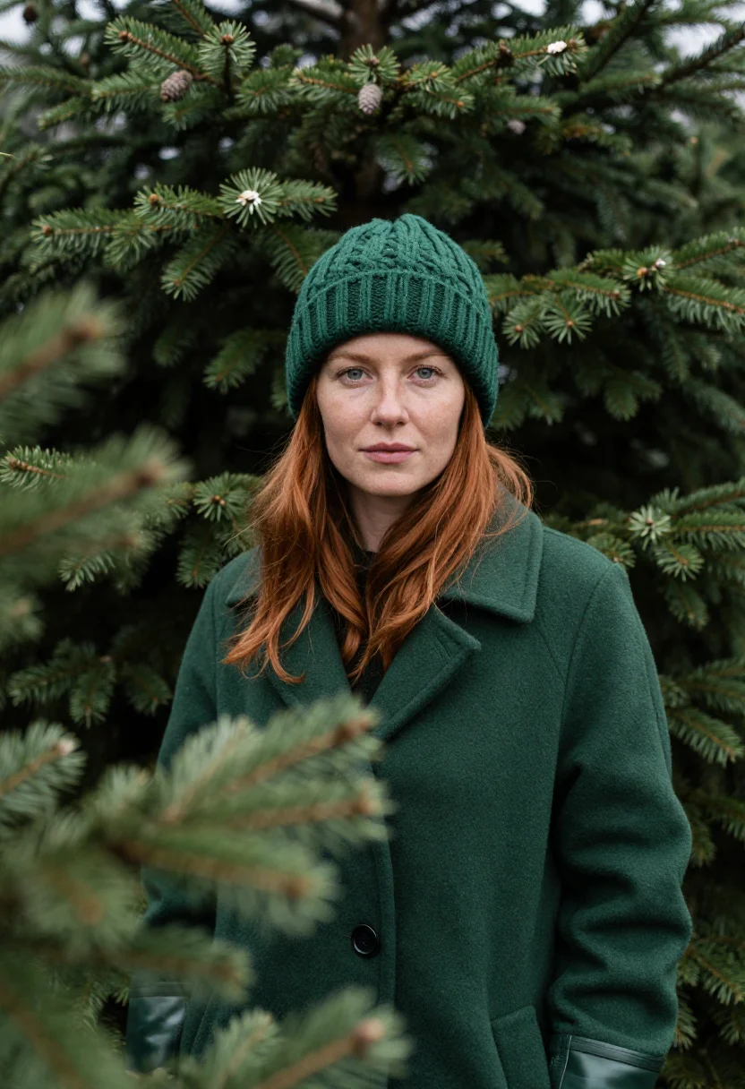AI christmas tree farm green sample — portrait of a woman, framed tight, head and shoulders, the b