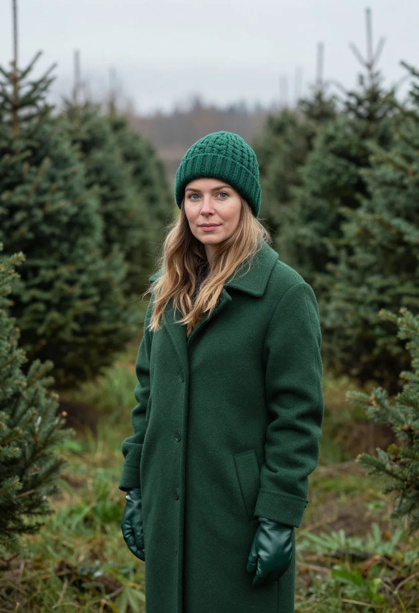 AI christmas tree farm green sample — portrait of a woman, framed tight, head and shoulders, the b