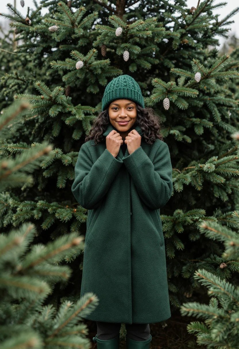 AI christmas tree farm green sample — portrait of a woman, framed half-length from the head to the