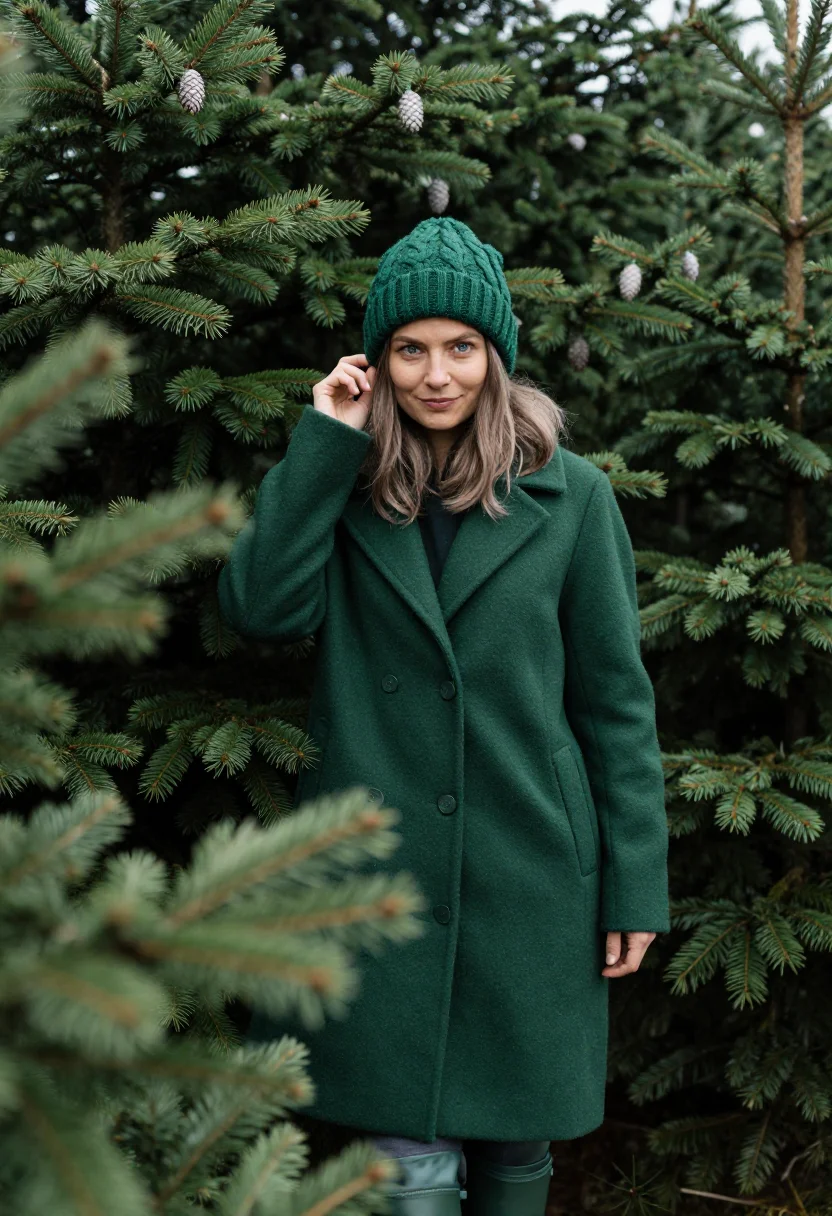AI christmas tree farm green sample — portrait of a woman, framed chest-up, cropped at the ribs, t