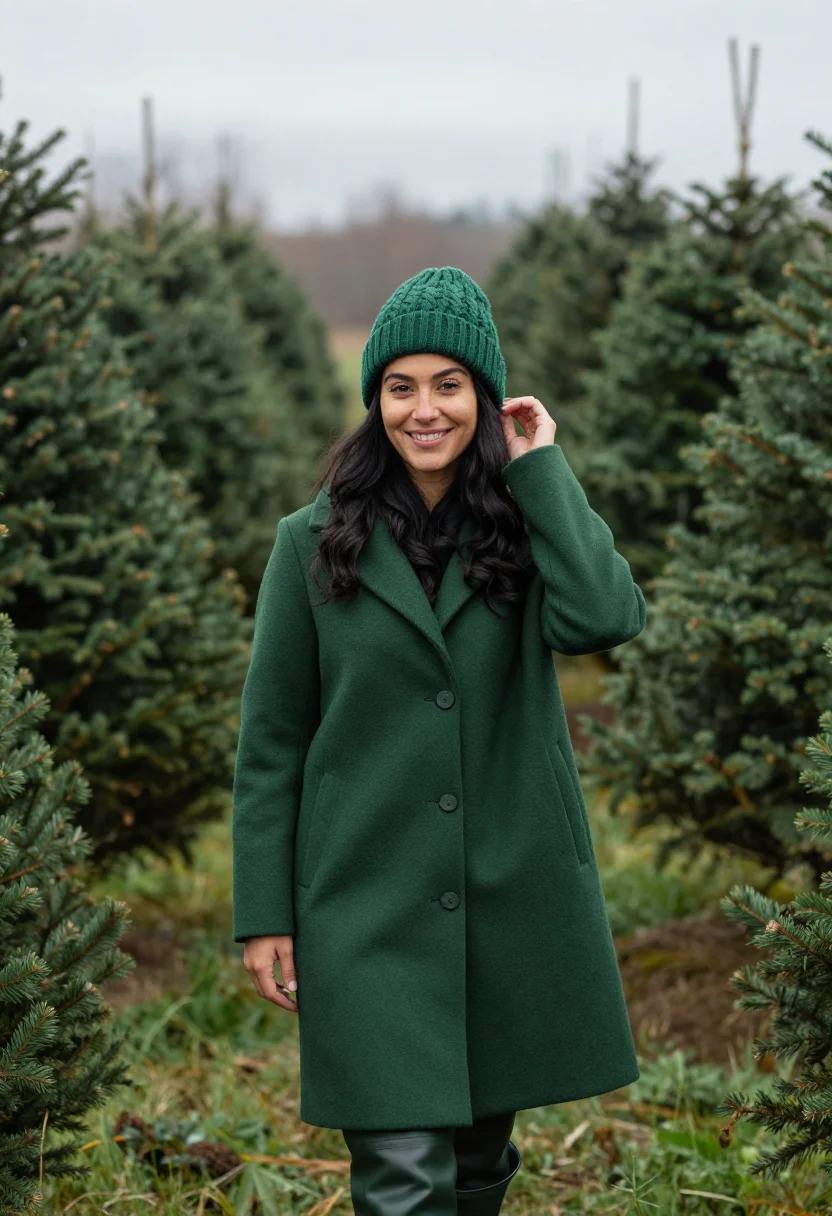 AI christmas tree farm green sample — portrait of a woman, framed chest-up, cropped at the ribs, t