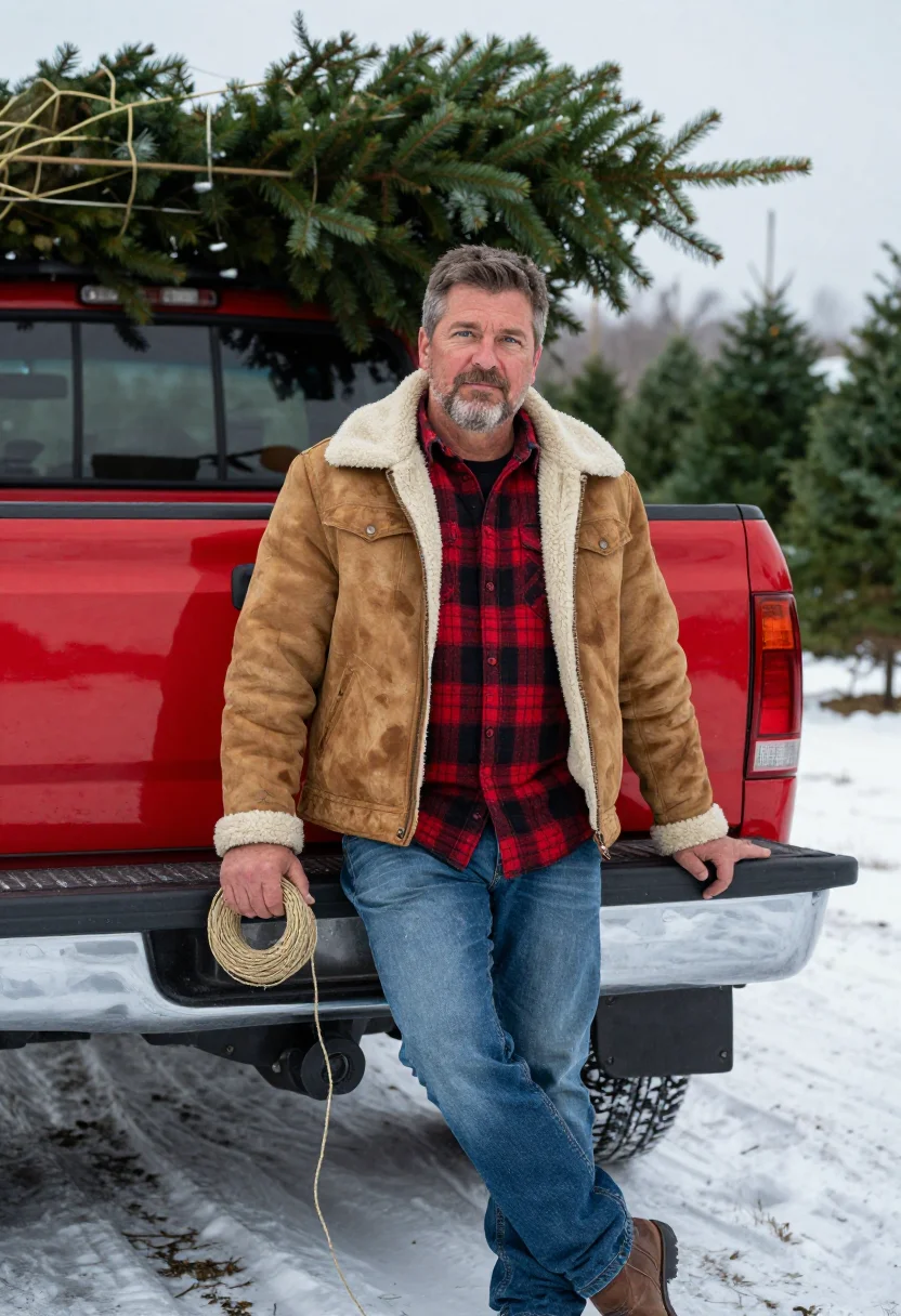 AI christmas tree farm sample — three-quarter-length portrait of a Western-European man in h