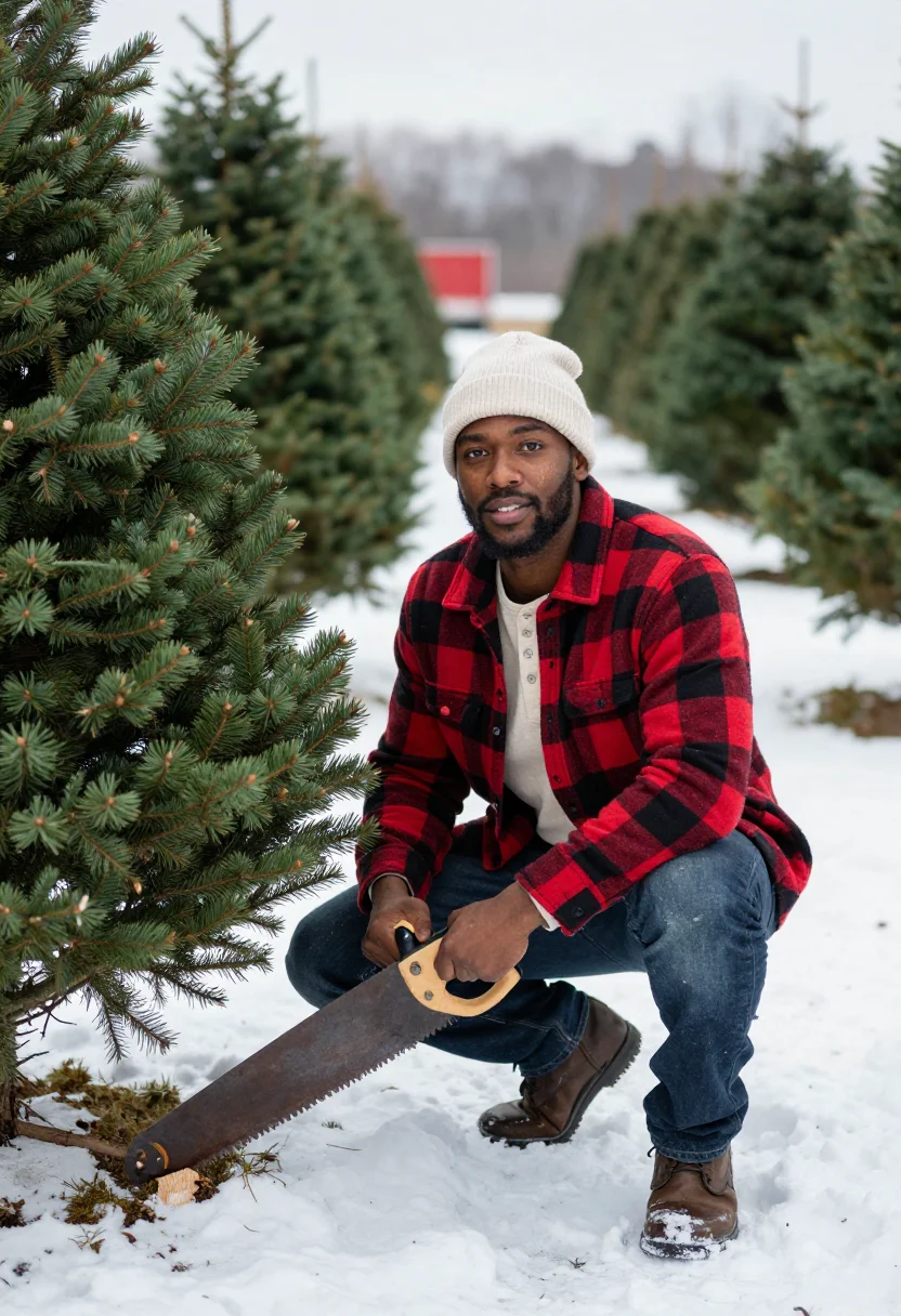 AI christmas tree farm sample — three-quarter-length portrait of a Black American man in his