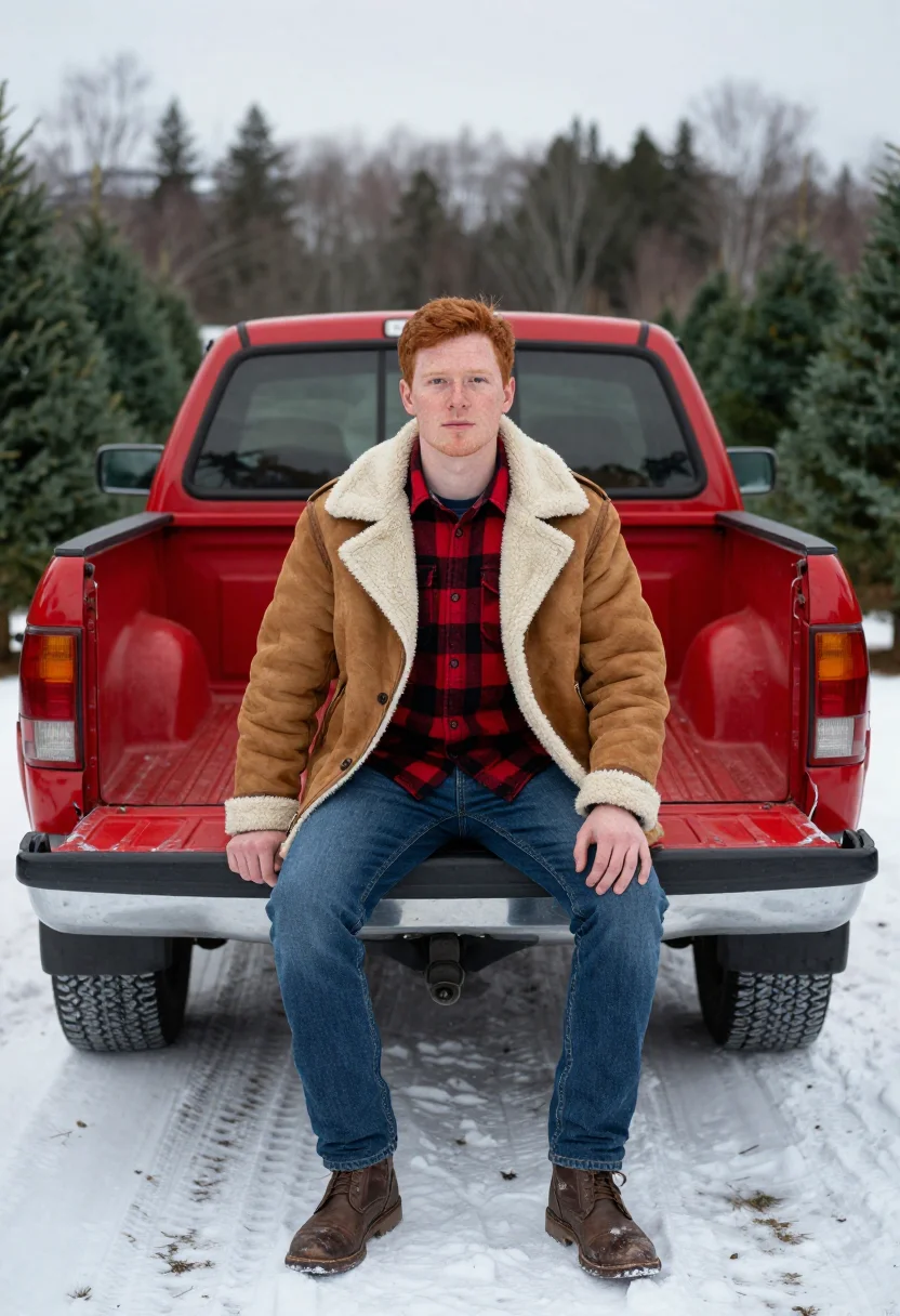 AI christmas tree farm sample — full-length portrait of a Western-European man in his late t