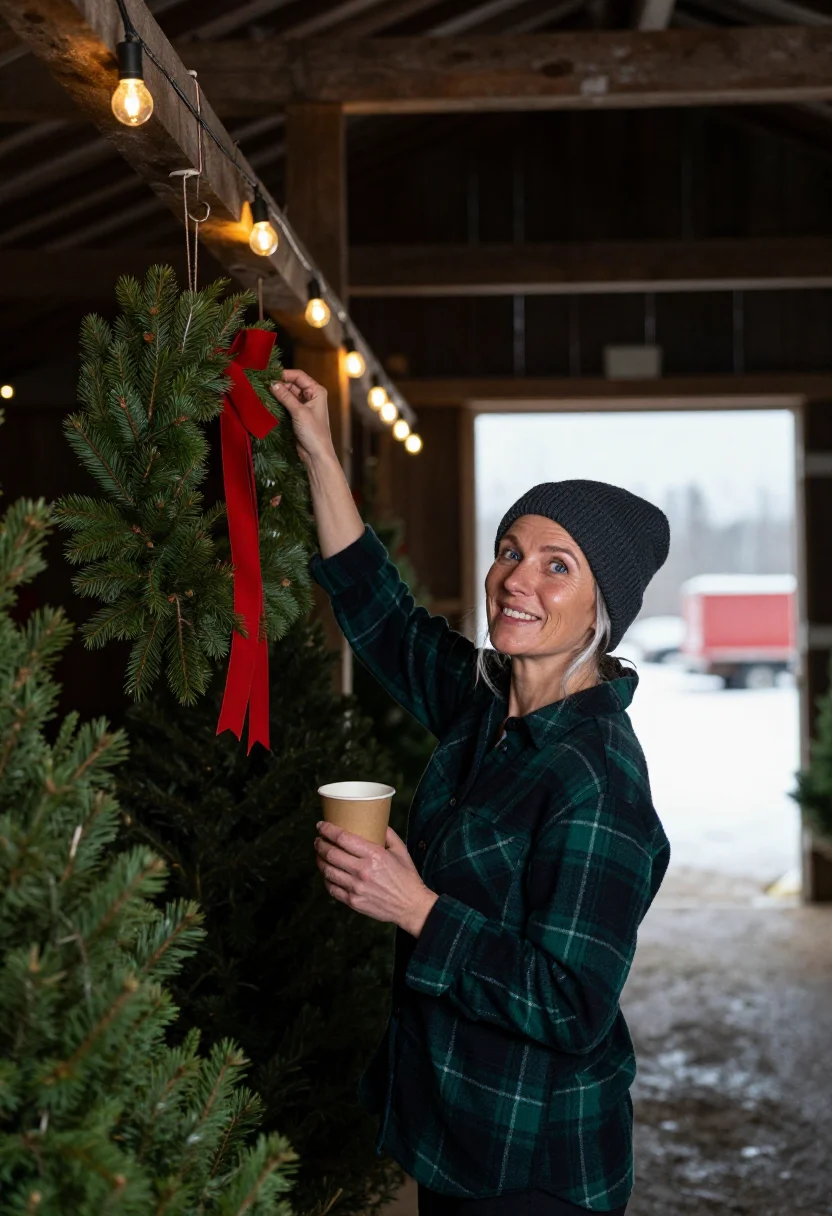 AI christmas tree farm sample — three-quarter-length portrait of a Western-European woman in