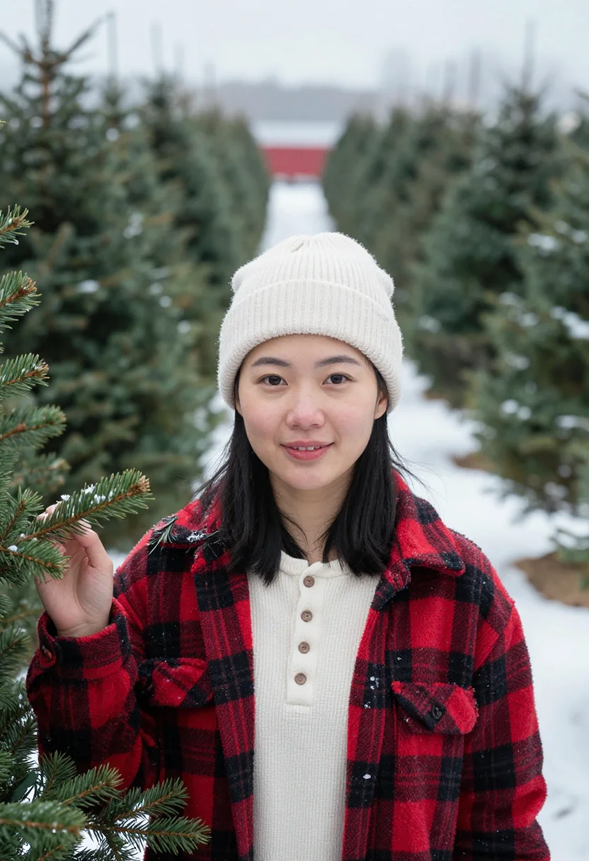AI christmas tree farm sample — chest-up portrait of an East-Asian woman in her mid-twenties