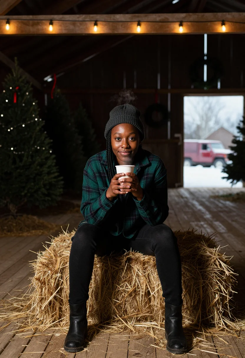 AI christmas tree farm sample — full-length portrait of a Black American woman in her late t