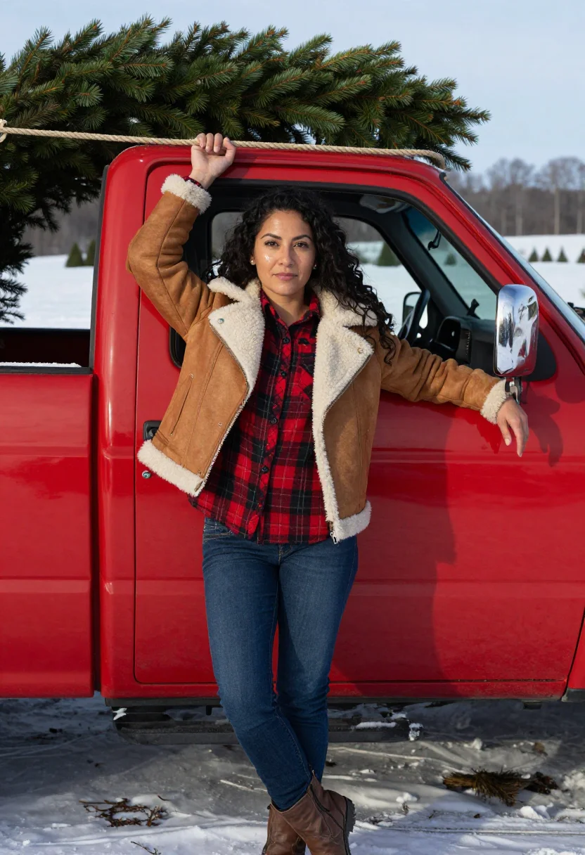AI christmas tree farm sample — three-quarter-length portrait of a Latina woman in her thirt