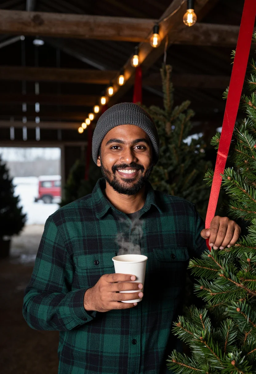 AI christmas tree farm sample — chest-up portrait of a South-Asian man in his thirties with