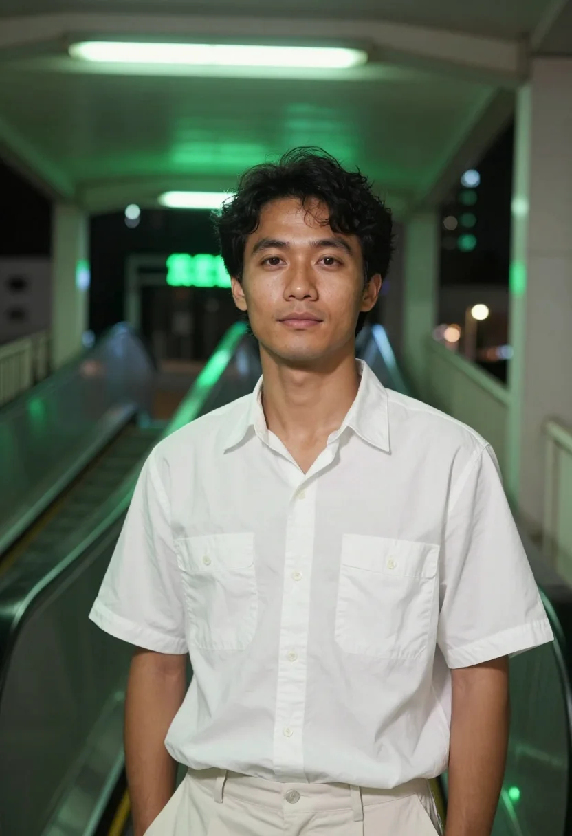 AI chungking express cop 663 apartment white shirt sample — portrait of a man, a Macanese man in his late twenties with