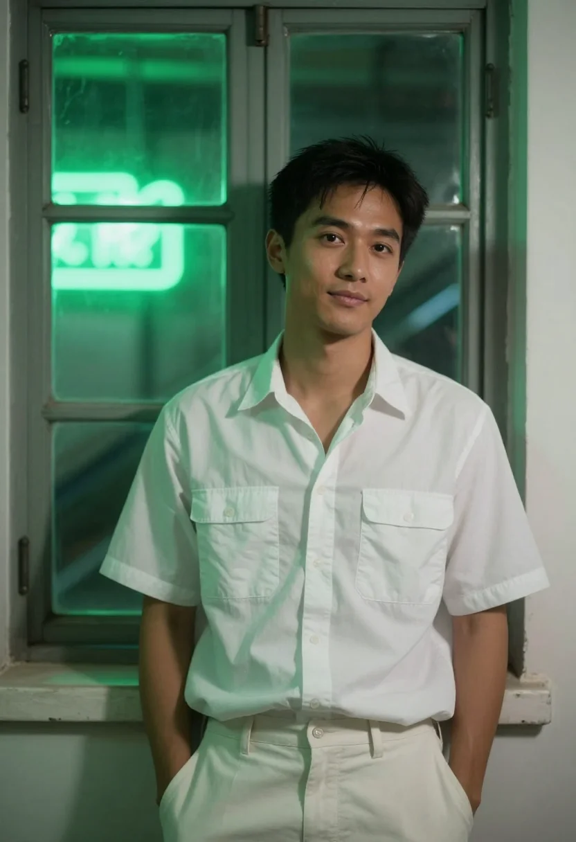 AI chungking express cop 663 apartment white shirt sample — portrait of a man, a Taiwanese man in his early thirties wit