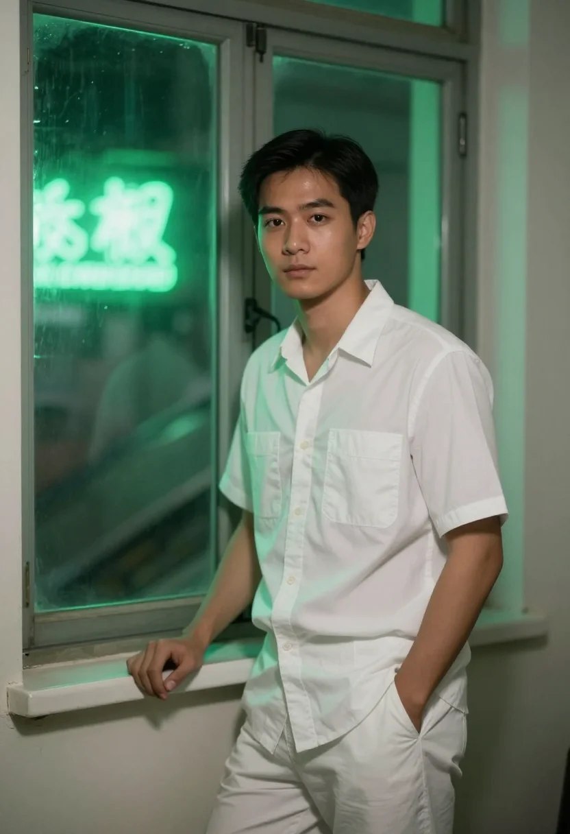 AI chungking express cop 663 apartment white shirt sample — portrait of a man, a Cantonese man in his mid-twenties with