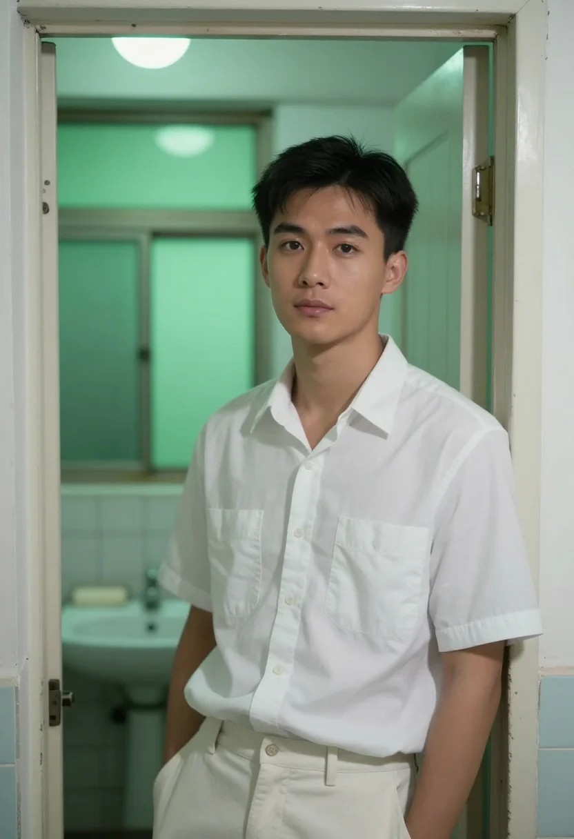 AI chungking express cop 663 apartment white shirt sample — portrait of a man, a Shanghainese man in his early thirties