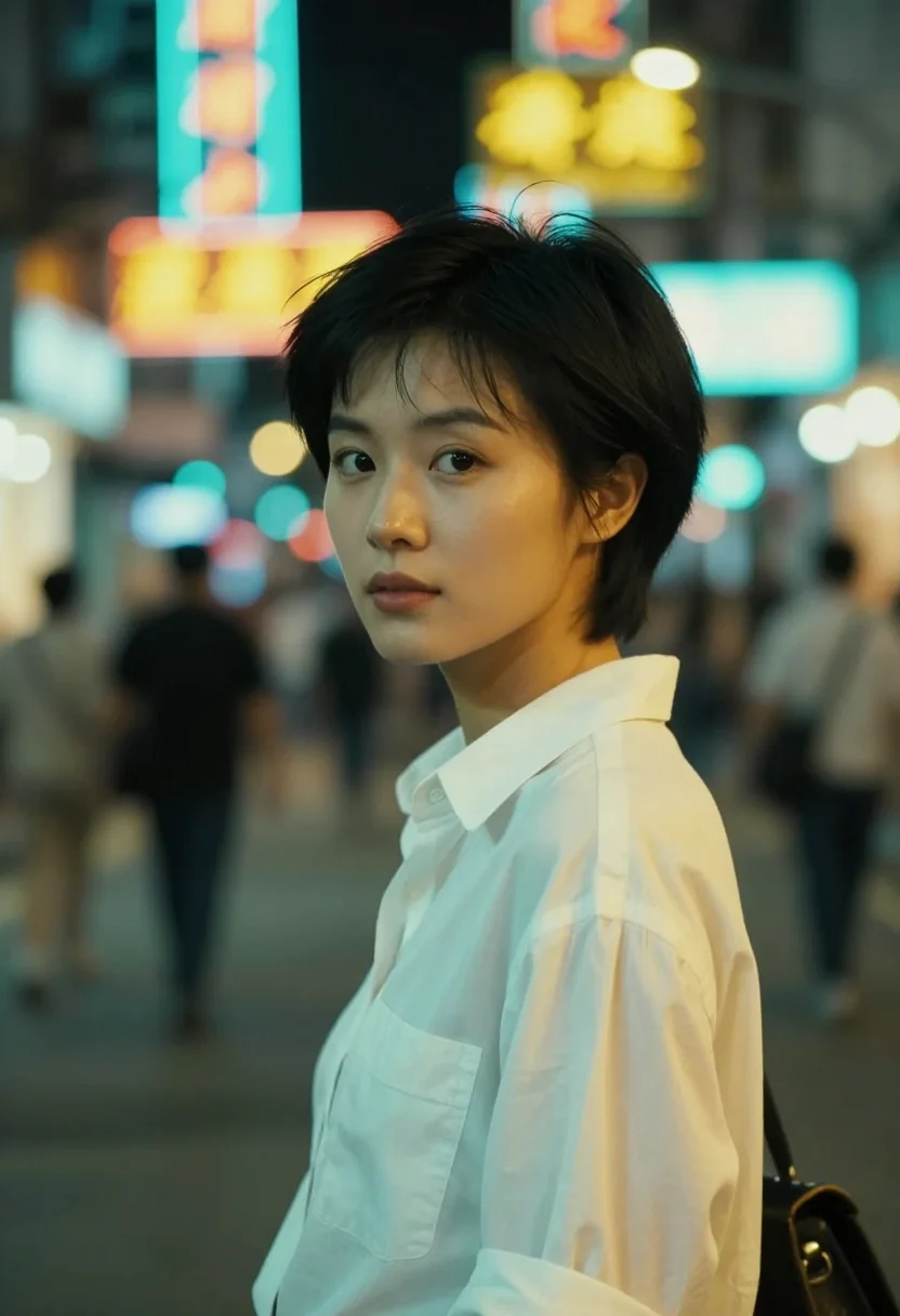 AI chungking express hong kong midnight express pixie sample — portrait of a woman, a Shanghainese woman in her mid-twentie