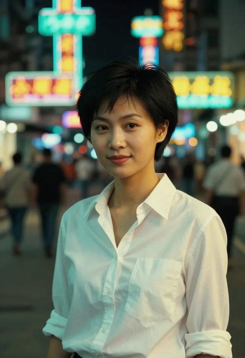 AI chungking express hong kong midnight express pixie sample — portrait of a woman, a Vietnamese Chinese woman in her late